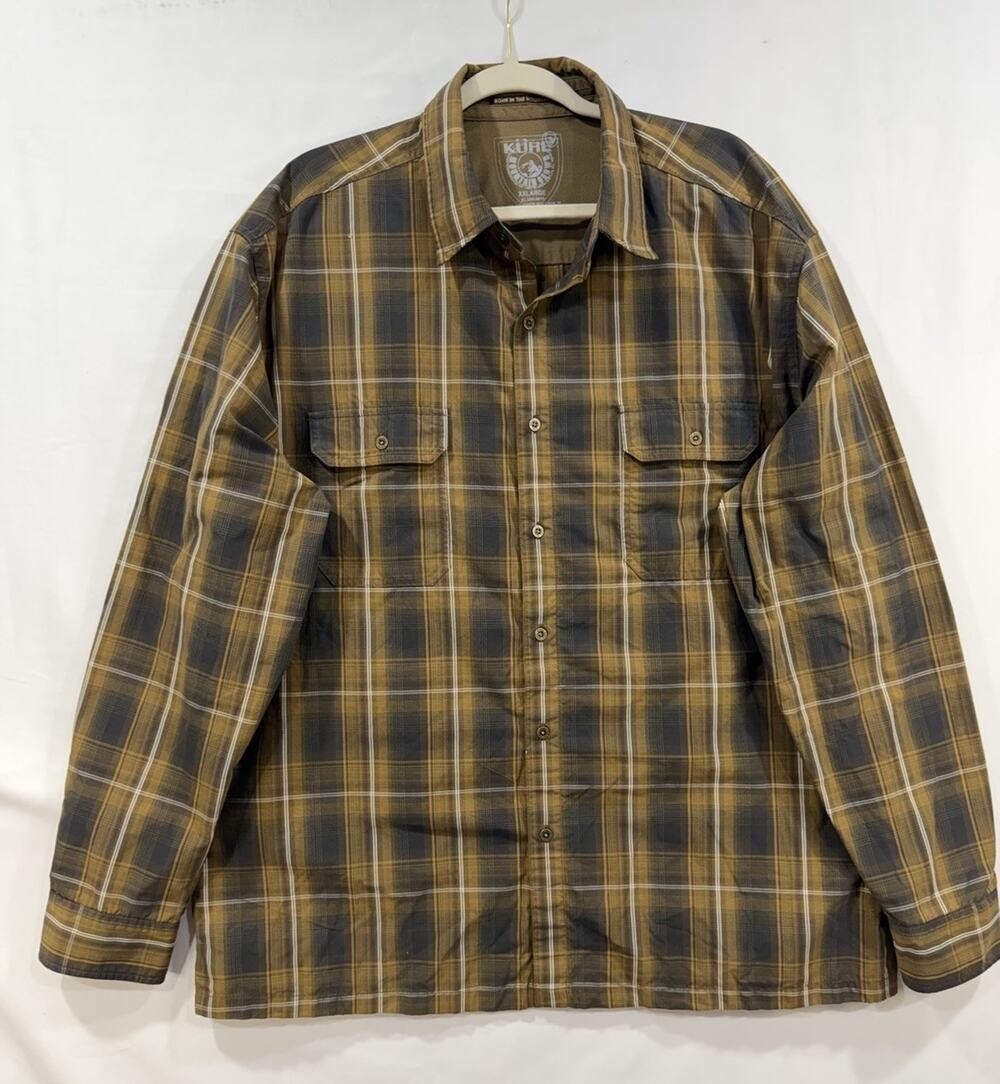 Kuhl Eluxur Long Sleeve Button Up Shirt Grey Brown Plaid Mens 2XL Gorpcore